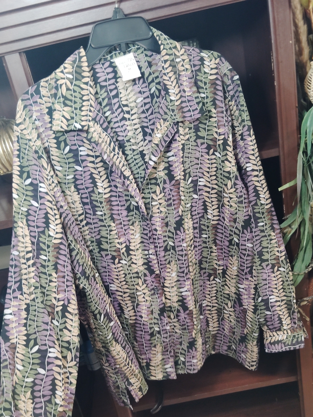 Allison Daley Green, Purple & Cream Leaf-Print Button Down